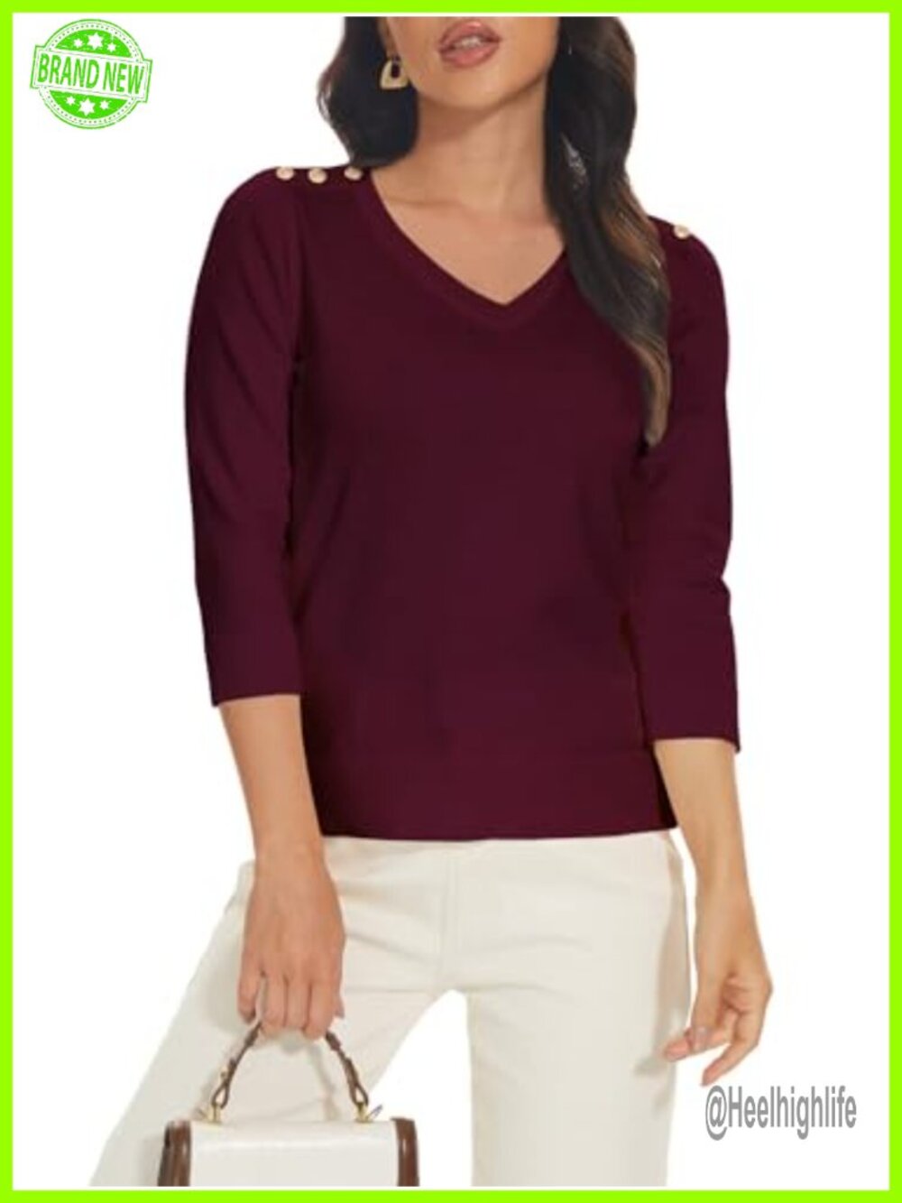 Women's 3/4 Sleeve V Neck Pullover Sweater with Shoulder Buttons